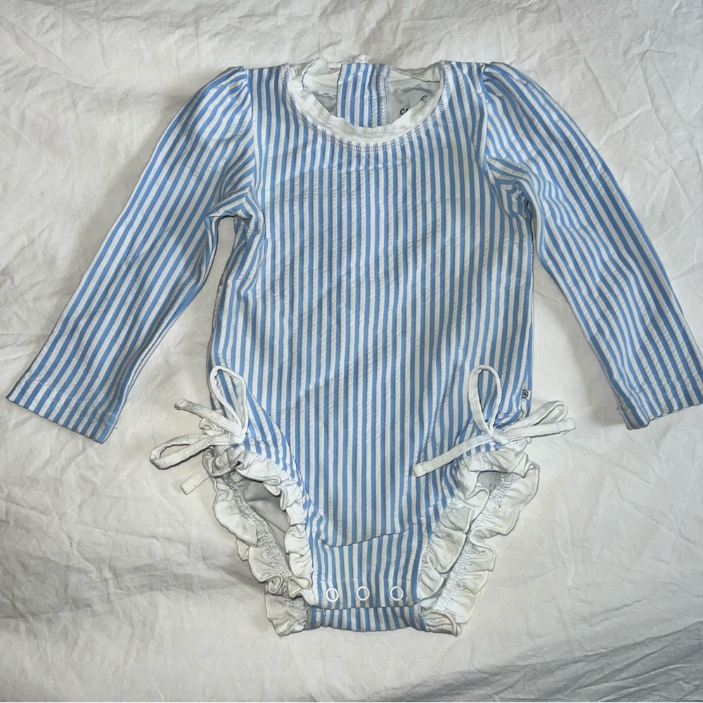 Caden Lane blue and white striped ruffle butt UPF50 swimsuit